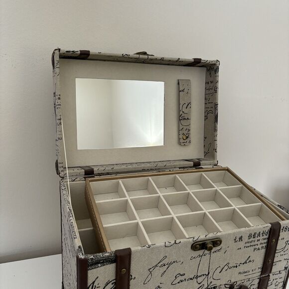Large French Velvet Lined Jewelry Box Canvas Love Leather Paris Mirror Storage - Picture 4 of 11